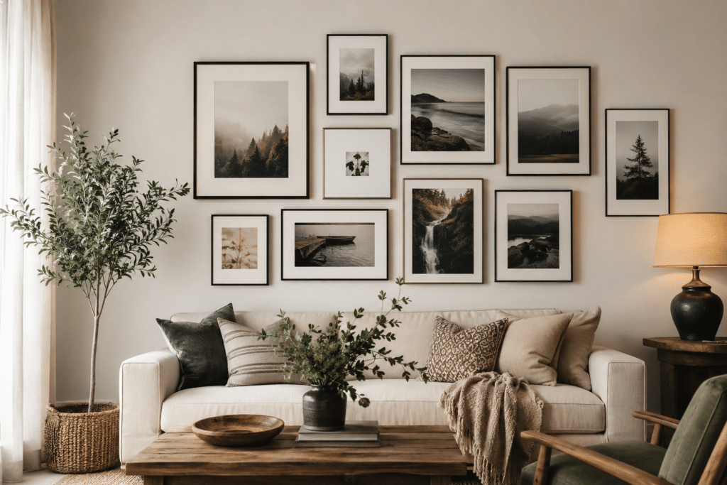 gallery wall and a sofa