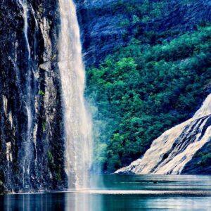 Double Waterfall at Dawn on The Fjord
